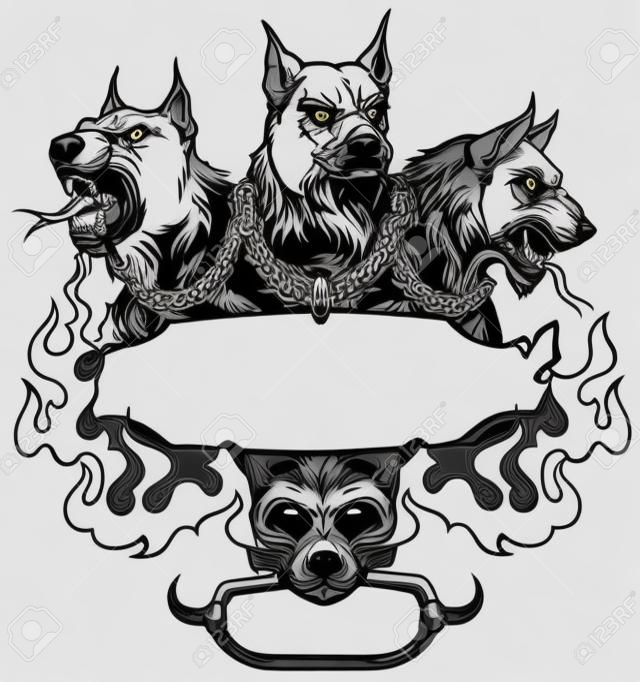 Cerberus hellhound a mythological three-headed dog the guard of the entrance to hell. Hound of Hades with chain on his neck. Design template with a human skull and fire flames.  Black and white vector illustration