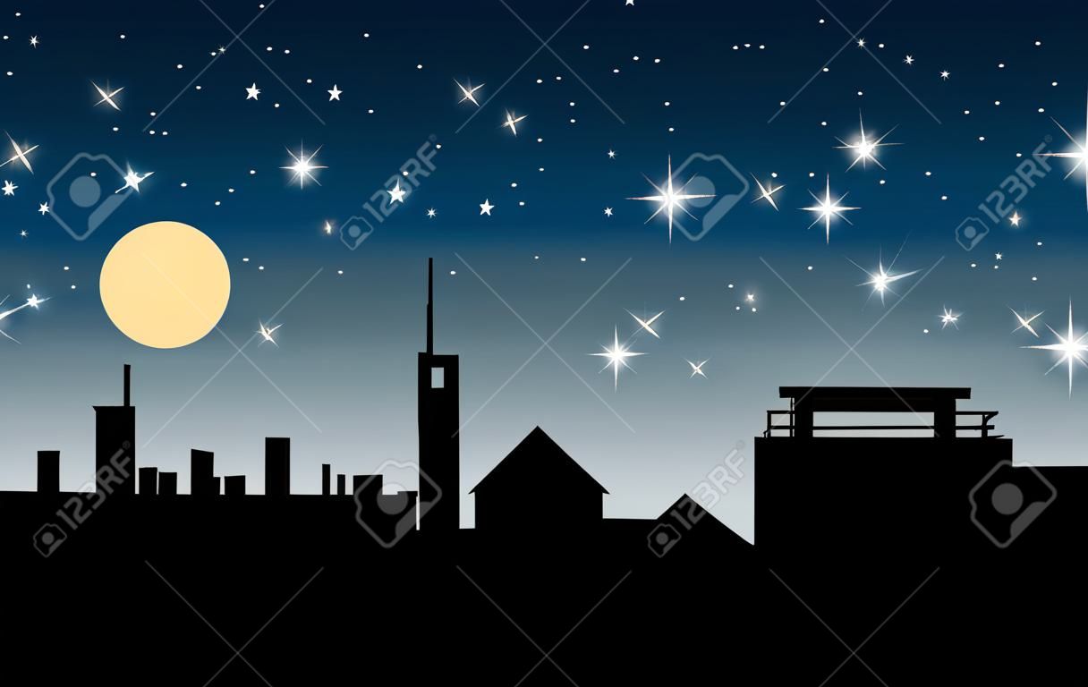 Gebäude in der Nacht mit Sternen und Mond in den Himmel