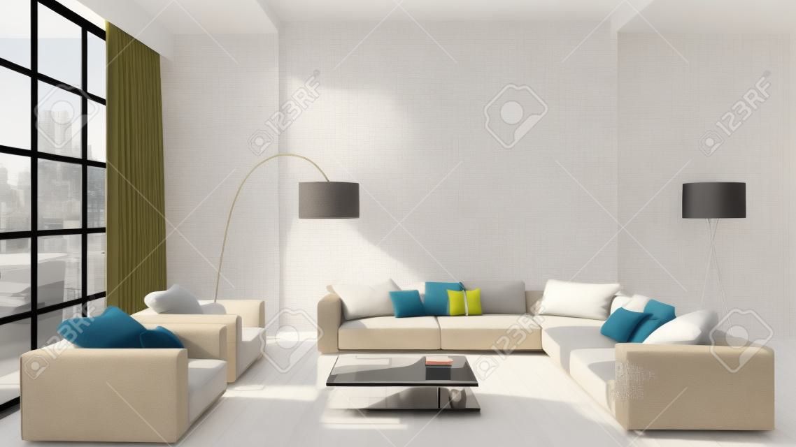 Modern bright interiors room 3D rendering illustration