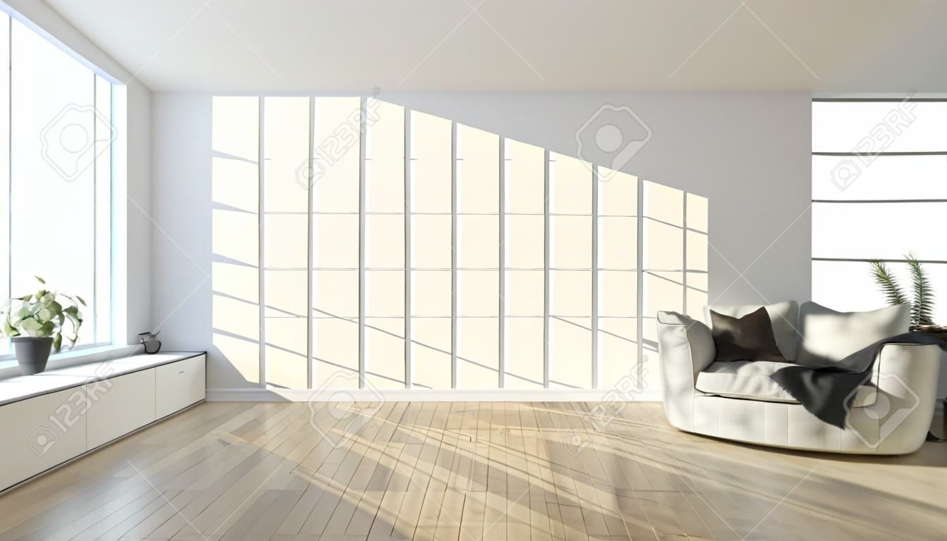 Modern bright interiors apartment with mockup poster frame 3D rendering 
illustration
