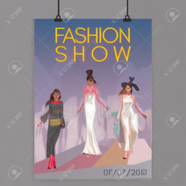Pokaz mody kolekcji plakatu ubrań damskich piękne ilustracji wektorowych modelu