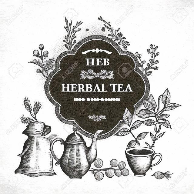 Herbal tea vintage template hand drawn ink vector