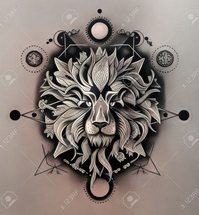 Tatuaje ornamental cabeza de león. Mystic Lion arte del tatuaje del bosquejo