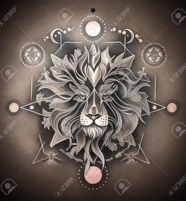 Tatuaje ornamental cabeza de león. Mystic Lion arte del tatuaje del bosquejo