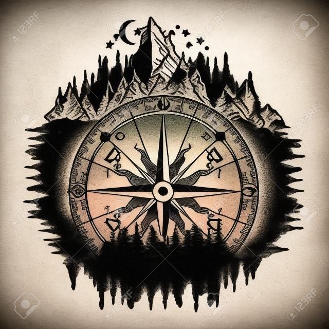Mountain antique compass and wind rose tattoo art. Adventure, travel, outdoors, symbol. Tattoo for travelers, climbers, hikers. Compass in the night forest tattoo boho style, t-shirt design