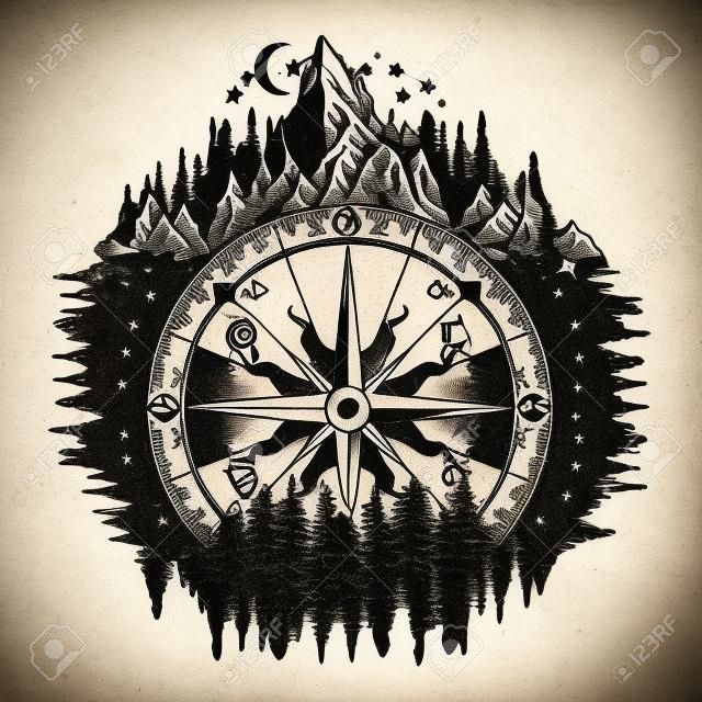 Mountain antique compass and wind rose tattoo art. Adventure, travel, outdoors, symbol. Tattoo for travelers, climbers, hikers. Compass in the night forest tattoo boho style, t-shirt design