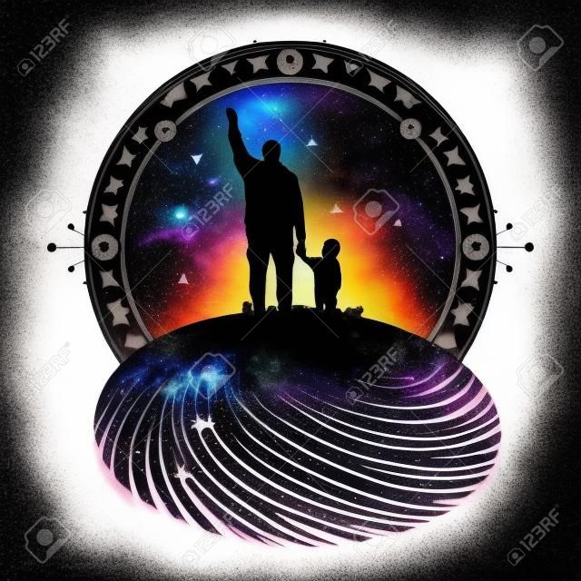 Father and son tattoo art. Happy family of the future. Father teaches son to dream, life education. Immortality of human life t-shirt design. Milky Way with silhouette of a family graphic tattoo