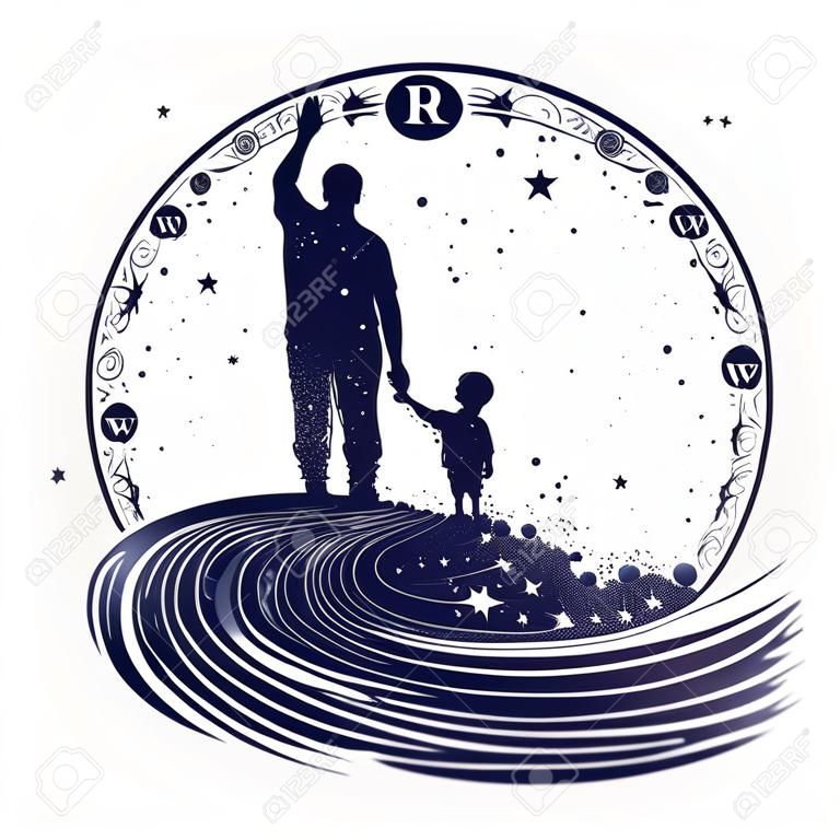 父亲和儿子纹身艺术幸福的家庭未来的父亲教儿子梦想生活教育不朽的人类生活T恤设计银河与一个家庭图形纹身剪影
