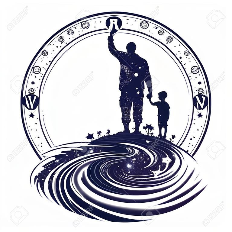 Father and son tattoo art. Happy family of the future. Father teaches son to dream, life education. Immortality of human life t-shirt design. Milky Way with silhouette of a family graphic tattoo