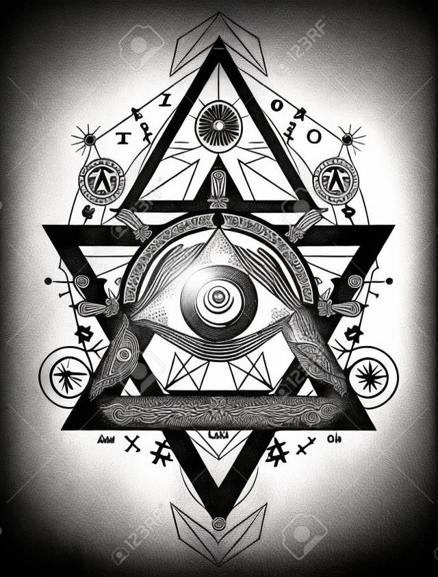 Allen zien oog tattoo kunst vector. Vrijmetselarij en spirituele symbolen. Alchemie, middeleeuwse religie, occultisme, spiritualiteit en esoterische tatoeage. Magische oog, kompas en stuurwiel t-shirt ontwerp