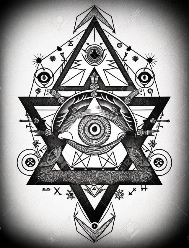 All seeing eye tattoo art vector. Freemason and spiritual symbols. Alchemy, medieval religion, occultism, spirituality and esoteric tattoo. Magic eye, compass and steering wheel t-shirt design