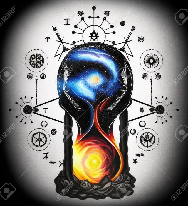 sabliers Space tatouage, notion de temps. Symbole astrologie, l'infini, l'éternité, la vie et la mort, tatouage mystique. art symboles du tatouage astrologique Hourglass et la conception t-shirt