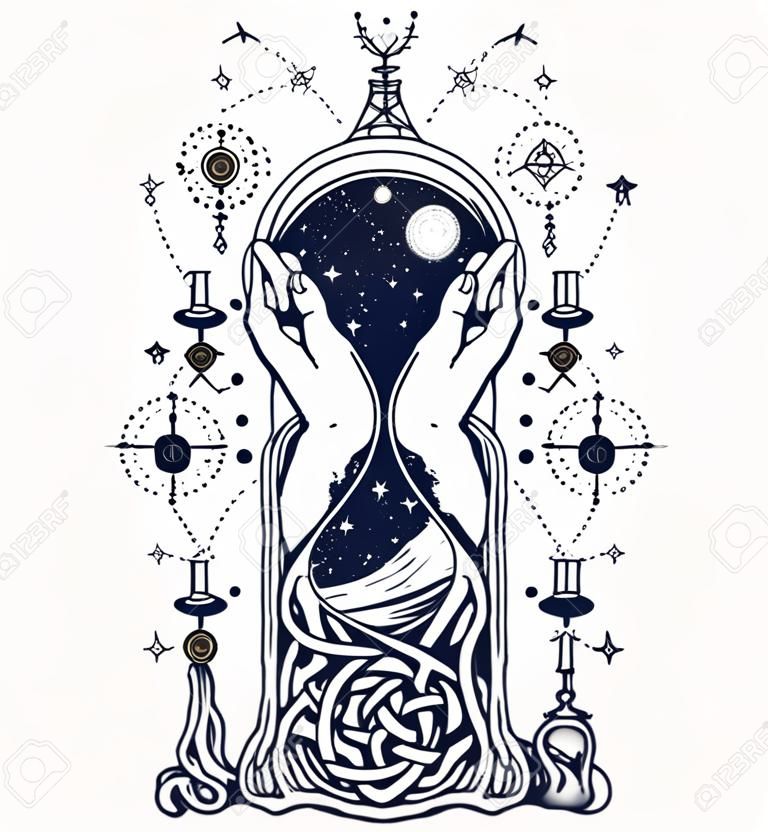 Tatuagem de ampulhetas espaciais, conceito de tempo. Astrologia de símbolos, infinito, eternidade, vida e morte, tatuagem mística. Arte de tatuagem de símbolos astrológicos de ampulheta e design de camiseta