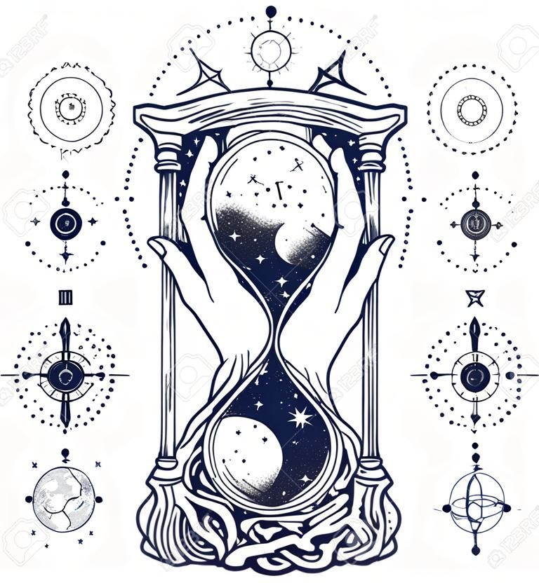 Tatuagem de ampulhetas espaciais, conceito de tempo. Astrologia de símbolos, infinito, eternidade, vida e morte, tatuagem mística. Arte de tatuagem de símbolos astrológicos de ampulheta e design de camiseta