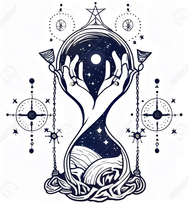 Space zandloper tatoeage, concept van de tijd. Symbool astrologie, oneindigheid, eeuwigheid, leven en dood, mystieke tatoeage. Hourglass astrologische symbolen tatoeage kunst en t-shirt ontwerp