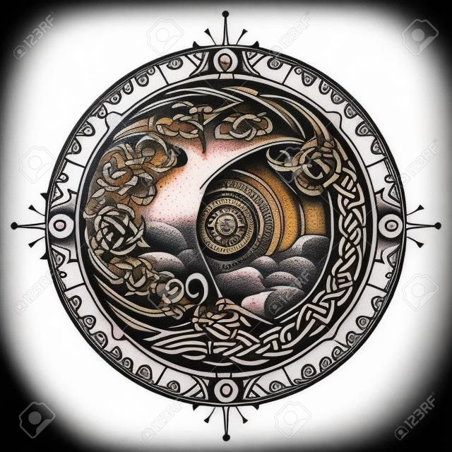 Морской компас и шторм татуировка кельтский стиль. Большая волна и роза компас дизайн футболки. Символ приключений Boho стиль. Свежий воздух. Цунами татуировки волны