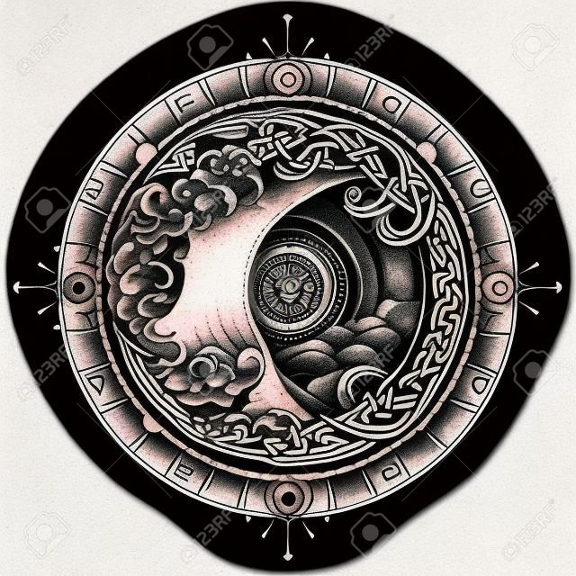 Sea compass and storm tattoo celtic style. Big wave and rose compass t-shirt design. Symbol of  adventures boho style. Great outdoors. Tsunami waves tattoo