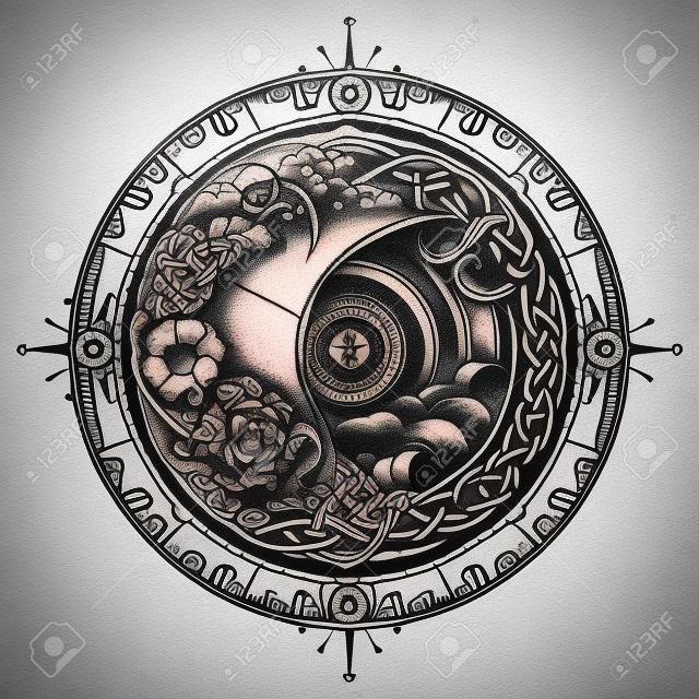 Sea compass and storm tattoo celtic style. Big wave and rose compass t-shirt design. Symbol of  adventures boho style. Great outdoors. Tsunami waves tattoo