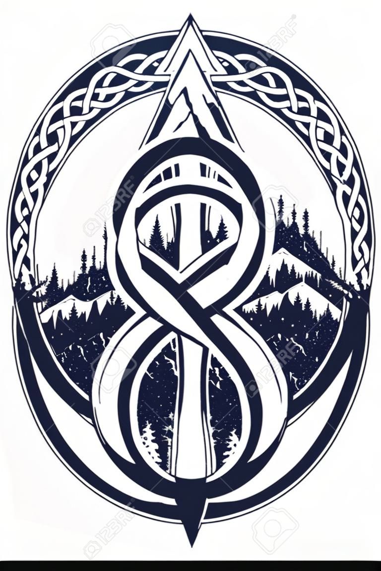Keltischer Knoten Tattoo. Berg, Wald, Symbol Reisen, Symmetrie, Tourismus T-Shirt-Design. Celtic Tattoo in ethnischen Stil
