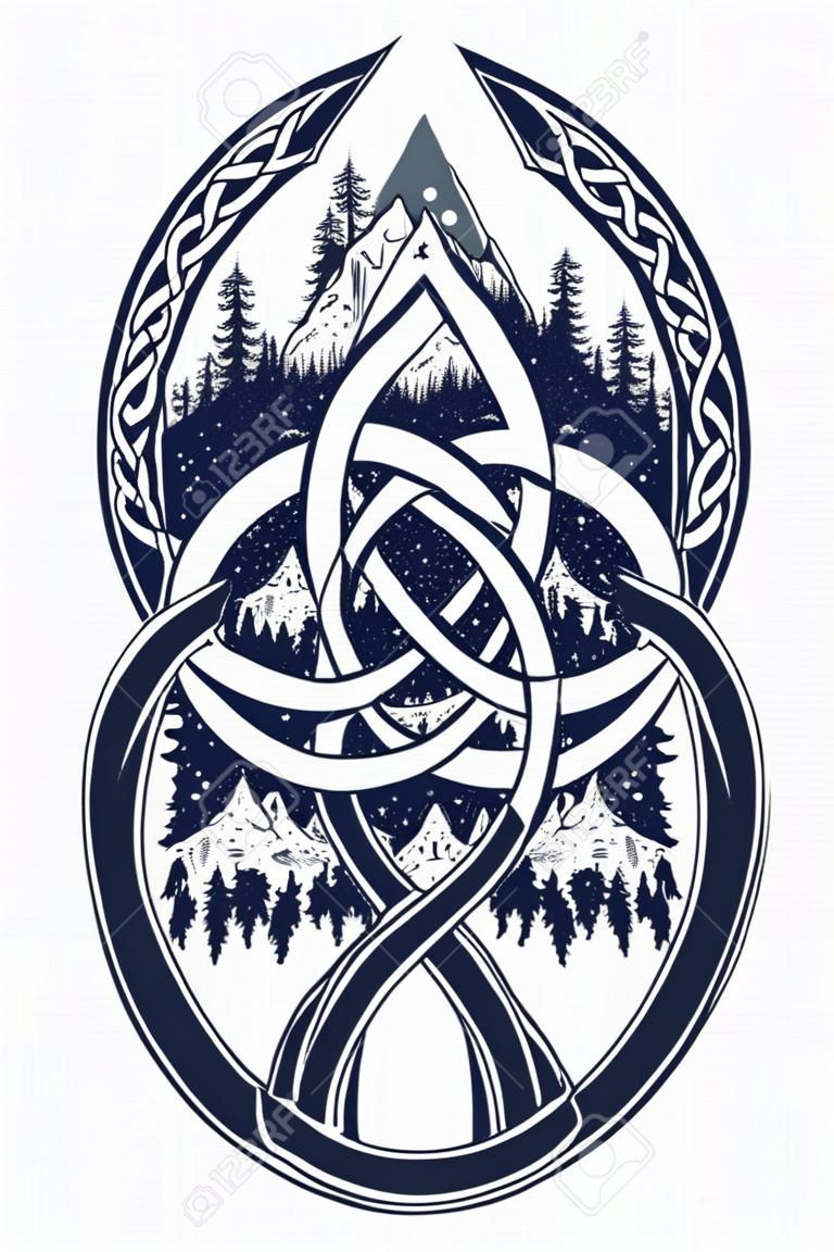 ケルト族の結び目のタトゥー。山、森、シンボル旅行、対称性、観光 t シャツ デザイン。エスニック ・ スタイルでセルティック入れ墨