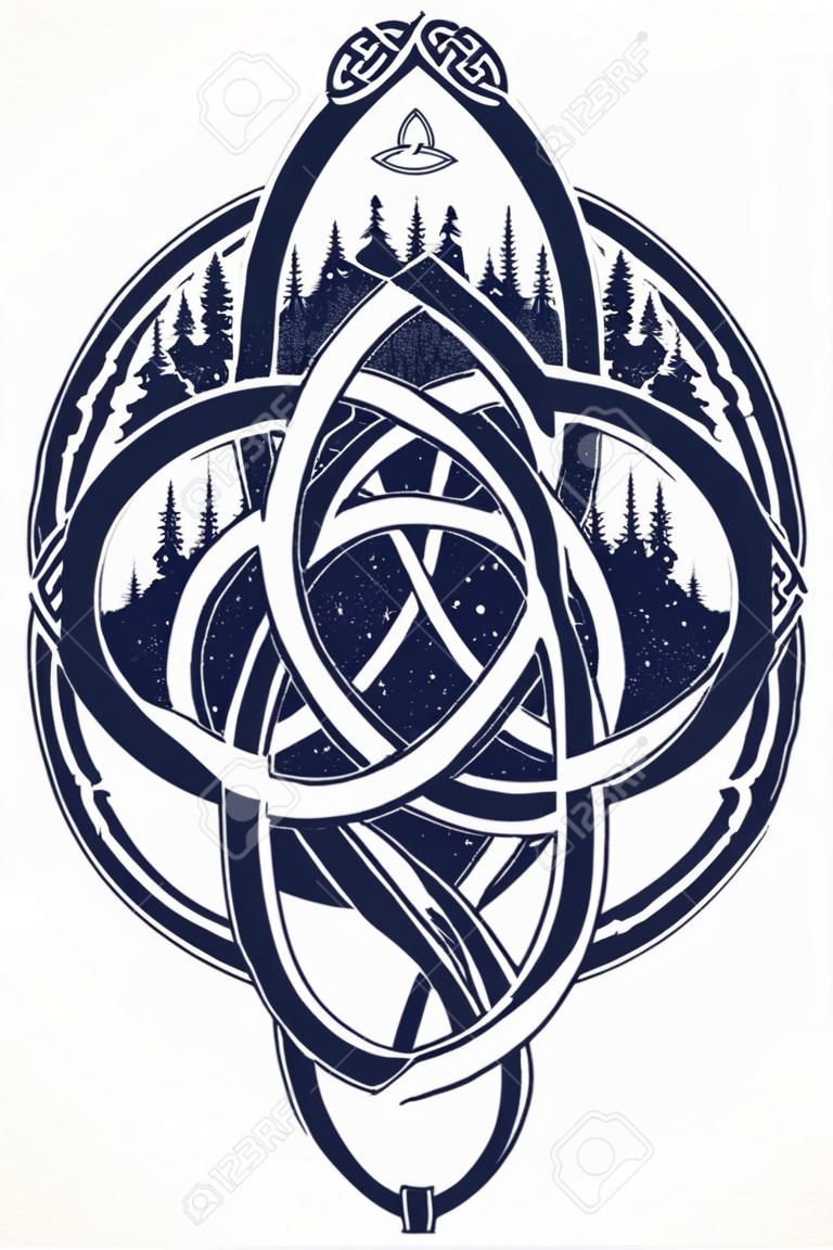 ケルト族の結び目のタトゥー。山、森、シンボル旅行、対称性、観光 t シャツ デザイン。エスニック ・ スタイルでセルティック入れ墨