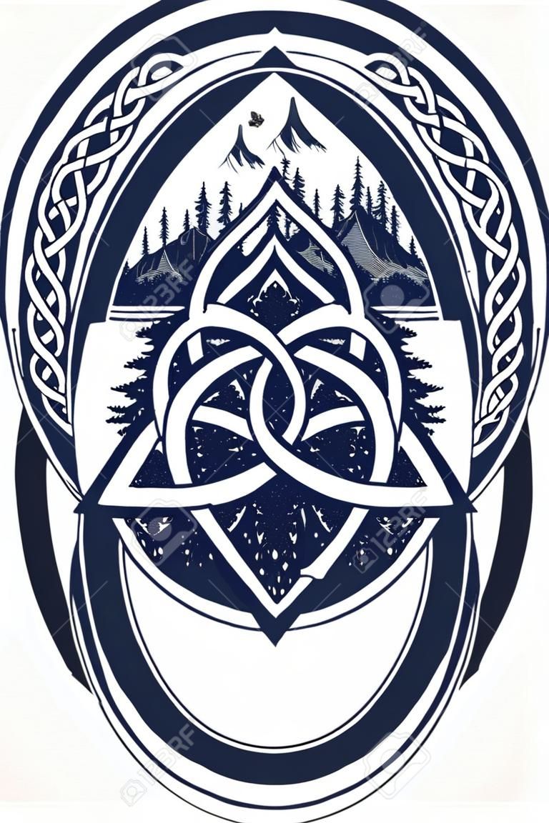 Keltische knoop tatoeage. Berg, bos, symbool reizen, symmetrie, toerisme t-shirt ontwerp. Keltische tatoeage in etnische stijl