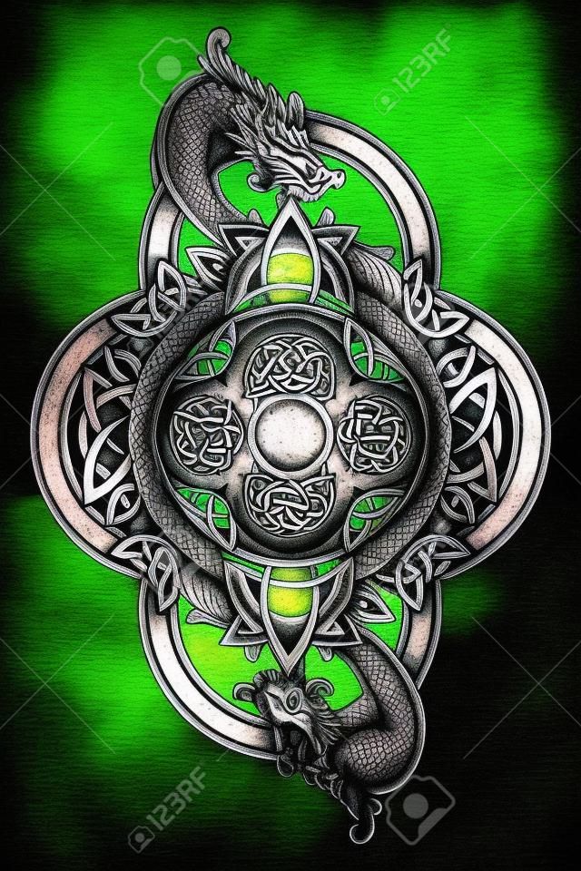 Drachen und keltische Baum des Lebens, der Tätowierung. Mystic Stammes-Symbol und T-Shirt-Design. Celtic mystische Zeichen, Tattoo-Kunst