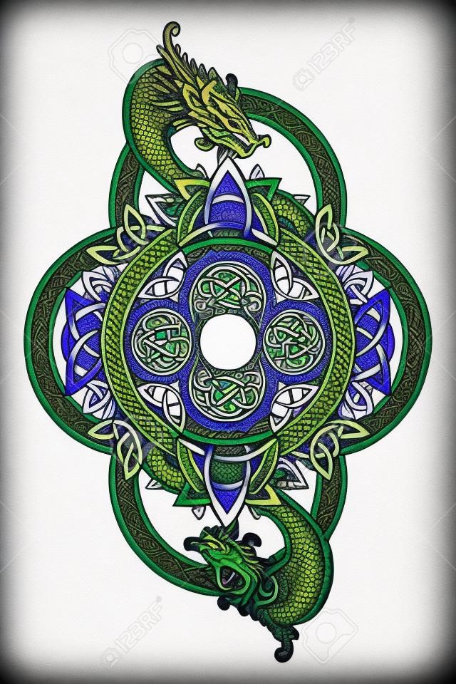 Dragones y árbol de la vida céltico, tatuaje. Mystic símbolo tribal y diseño de la camiseta. signos mística celta, el arte del tatuaje