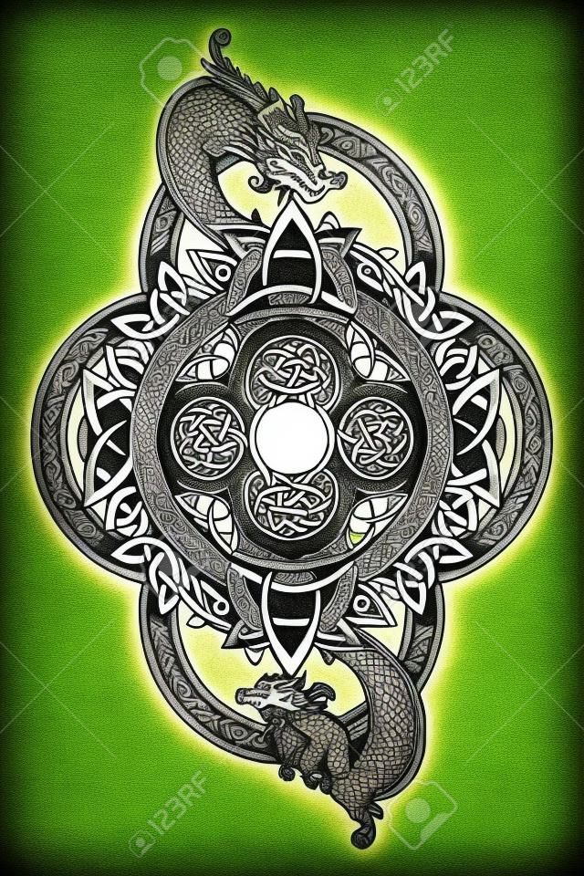 Dragões e árvore celta da vida, tatuagem. Símbolo tribal místico e design de camiseta. Sinais místicos celtas, arte da tatuagem