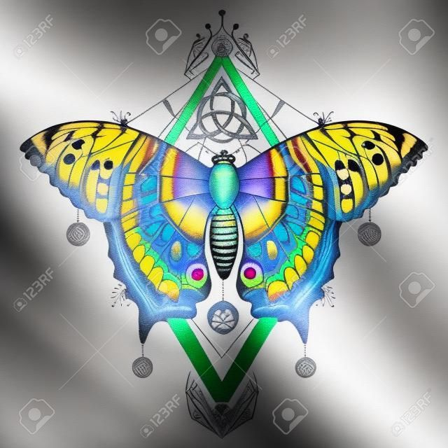 Vlinder tatoeage kunst, Keltische stijl. Mystieke symbool van vrijheid, natuur, toerisme. Mooie Swallowtail boho t-shirt ontwerp