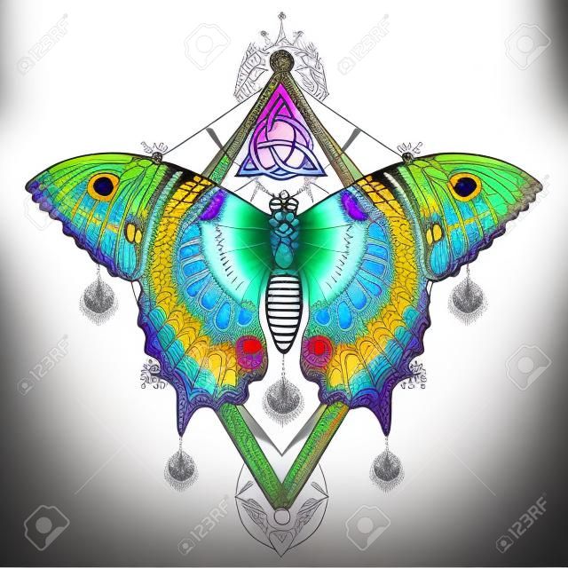 Butterfly tattoo art, celtic style. Mystical symbol of freedom, nature, tourism. Beautiful Swallowtail boho t-shirt design