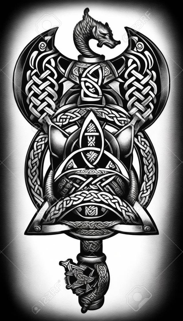 Thor kalapácsa tetoválás. Axe viking harcos róka, kelta stílusú póló design. Helm áhítat, aegishjalmur, kelta trinity csomót, tetoválás
