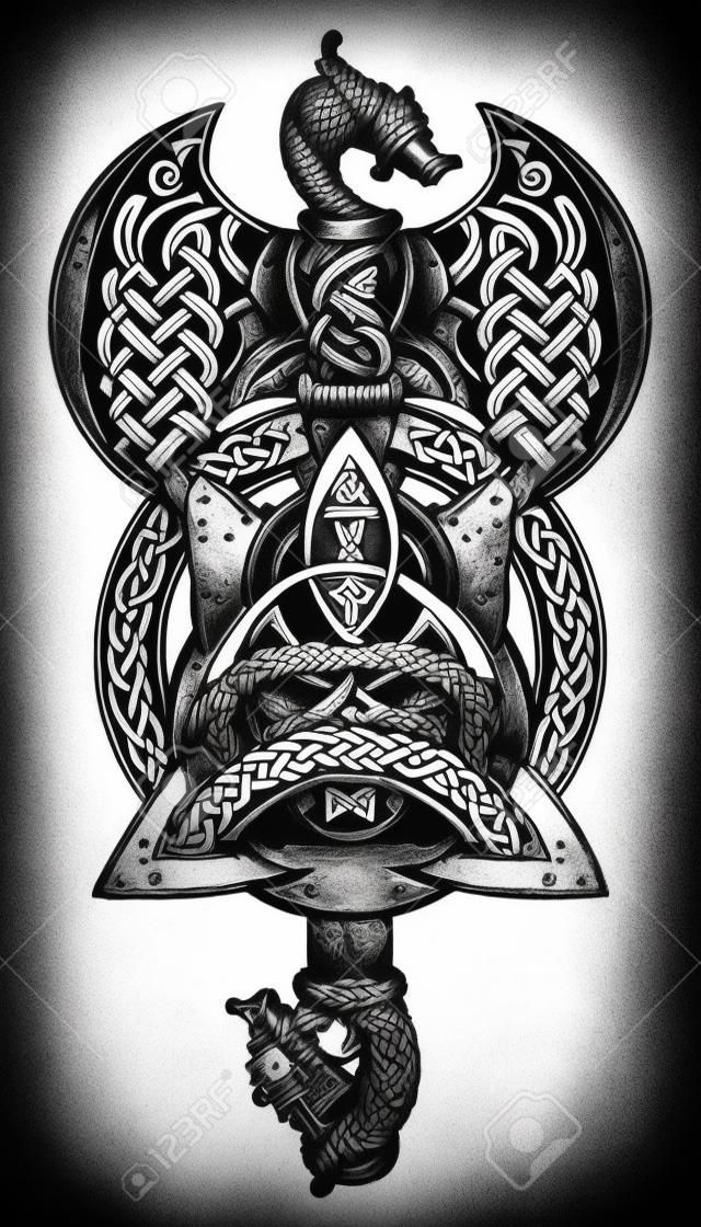 Thors Hammer Tätowierung. Axe Wikinger, Krieger Fuchs, keltische Art T-Shirt-Design. Helm der Ehrfurcht, aegishjalmur, keltischer dreiheitsknoten, Tätowierung