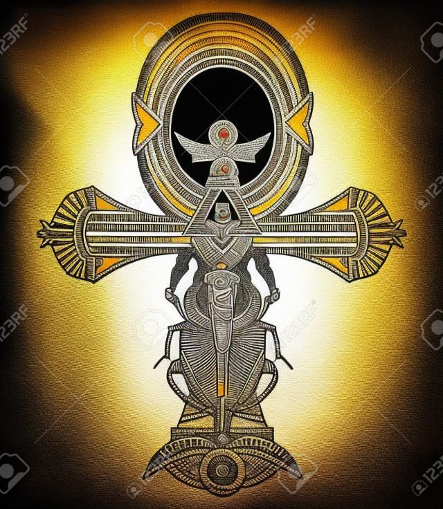 Ankh tattoo, ancient egyptian cross t-shirt design. Decorative ethnic style of Ancient Egypt. Ankh symbol of eternal life tattoo, key to immortality