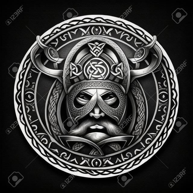 Viking tattoo,  ring with scandinavian ornament. Viking warrior head t-shirt design. Celtic amulet forces tattoo. Compass, dragons, ethnic style