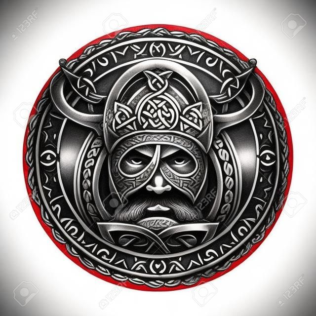 Viking tattoo,  ring with scandinavian ornament. Viking warrior head t-shirt design. Celtic amulet forces tattoo. Compass, dragons, ethnic style