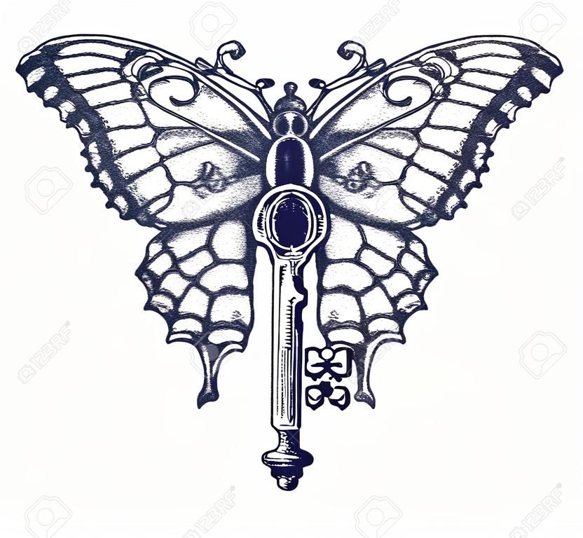 蝶とキーはタトゥー アートです。自由、精神的な検索、フライト、旅行の神秘的なシンボルです。美しい蝶 t シャツ デザイン自由奔放に生きるスタイル