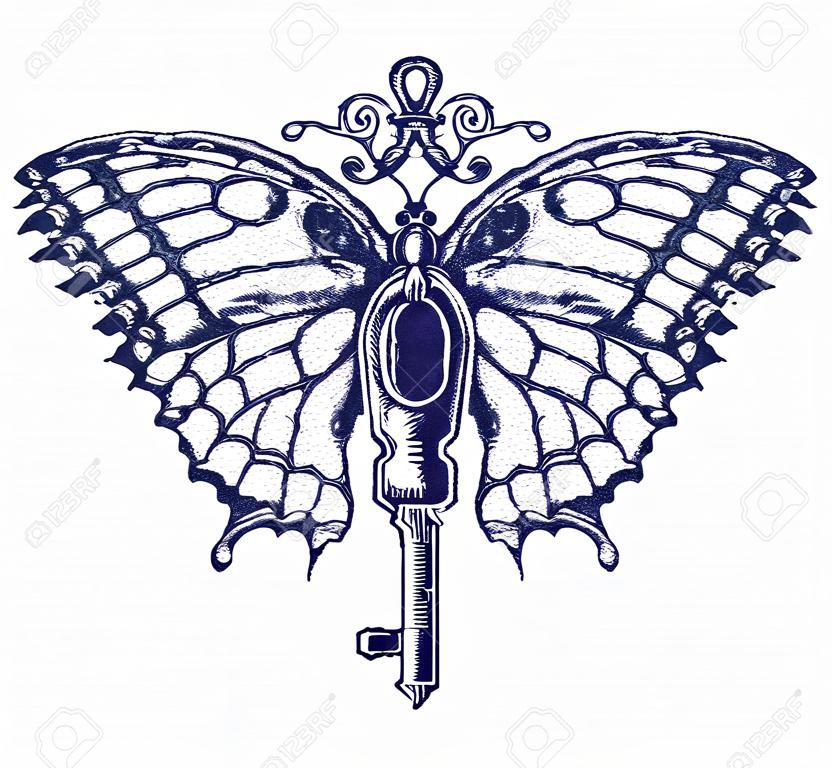 나비와 키 문신 예술. 자유, 영적 검색, 비행, 여행의 신비로운 상징. 아름 다운 나비 티셔츠 디자인 보헤미안 스타일