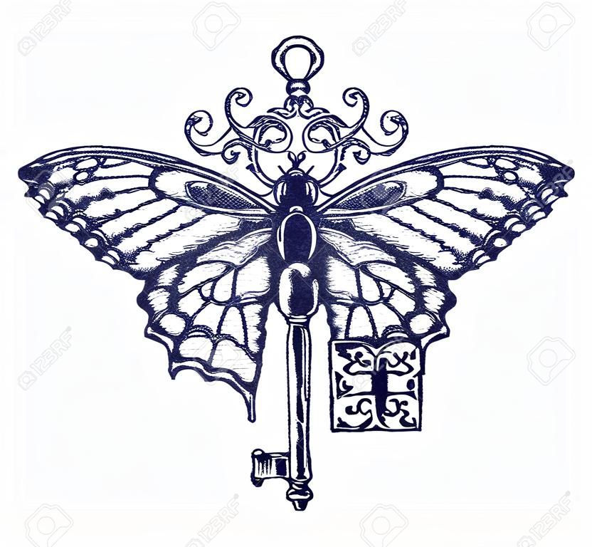 Papillon et l'art du tatouage clé. symbole mystique de la liberté, la recherche spirituelle, vol, Voyage. Beau papillon t-shirt de style design boho