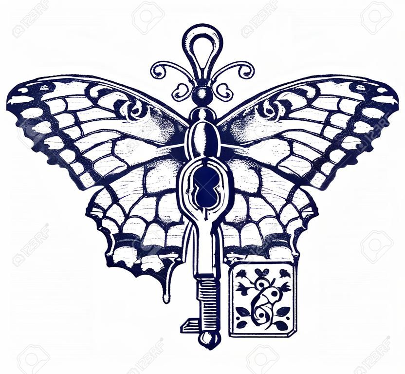 나비와 키 문신 예술. 자유, 영적 검색, 비행, 여행의 신비로운 상징. 아름 다운 나비 티셔츠 디자인 보헤미안 스타일