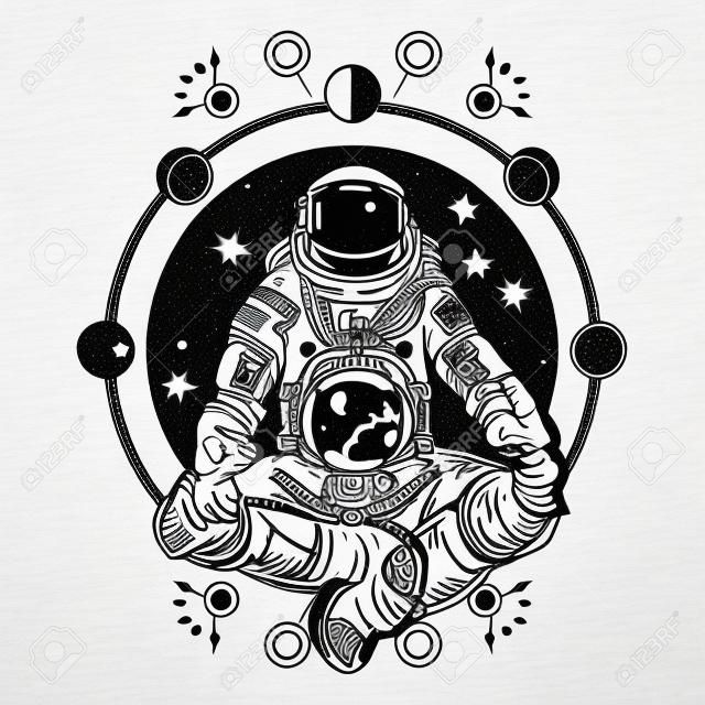 Astronauta nella posizione del loto arte del tatuaggio. Simbolo di meditazione, armonia, yoga. Design t-shirt di astronauta e universo. Siluetta dell'astronauta che si siede nella posa del loto del tatuaggio di yoga