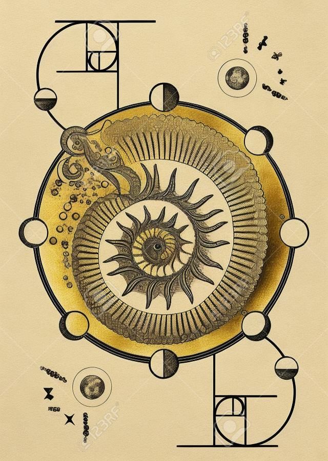 Or Section tatouage. Espace Ammonite et phases de lune, sacré conception t-shirt de la géométrie. symbole astrologique mystique de l'harmonie, symétrie, rapport d'or. Ammonites fossiles tatouage occulte art