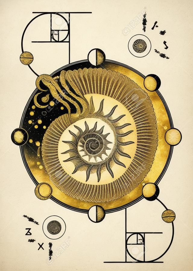 Or Section tatouage. Espace Ammonite et phases de lune, sacré conception t-shirt de la géométrie. symbole astrologique mystique de l'harmonie, symétrie, rapport d'or. Ammonites fossiles tatouage occulte art
