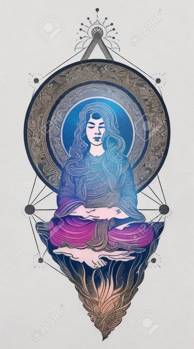 女孩沉思的飞山纹身艺术无限空间的冥想符号旅游户外女性练习瑜伽的T恤设计