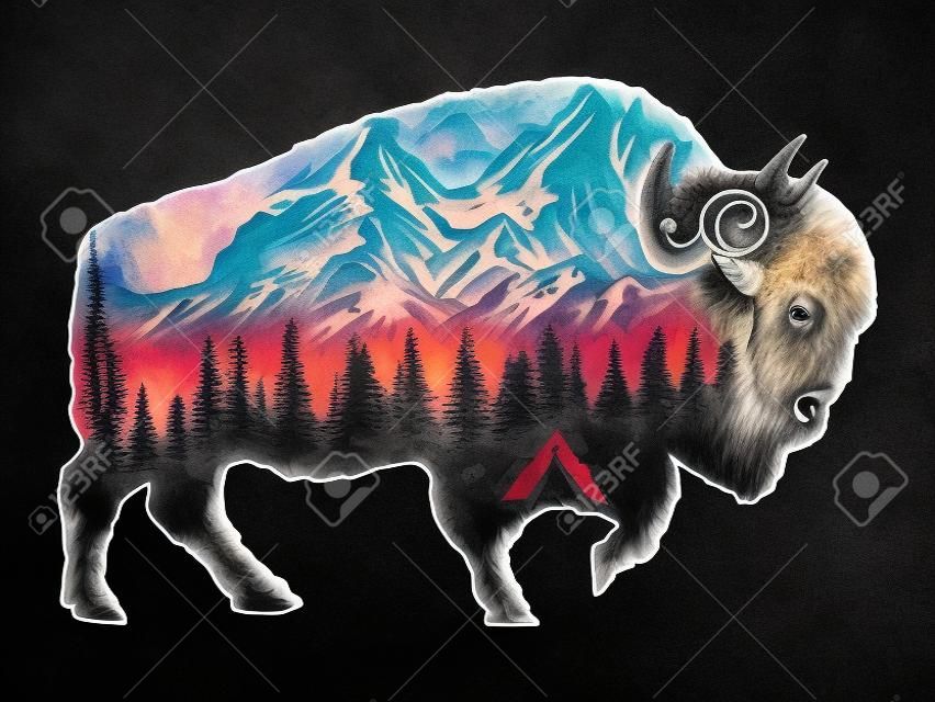 Bison tattoo kunst. Buffalo stier reizen symbool, avontuur toerisme. Berg, bos, nacht lucht. Magische tribal bison dubbele blootstelling dieren