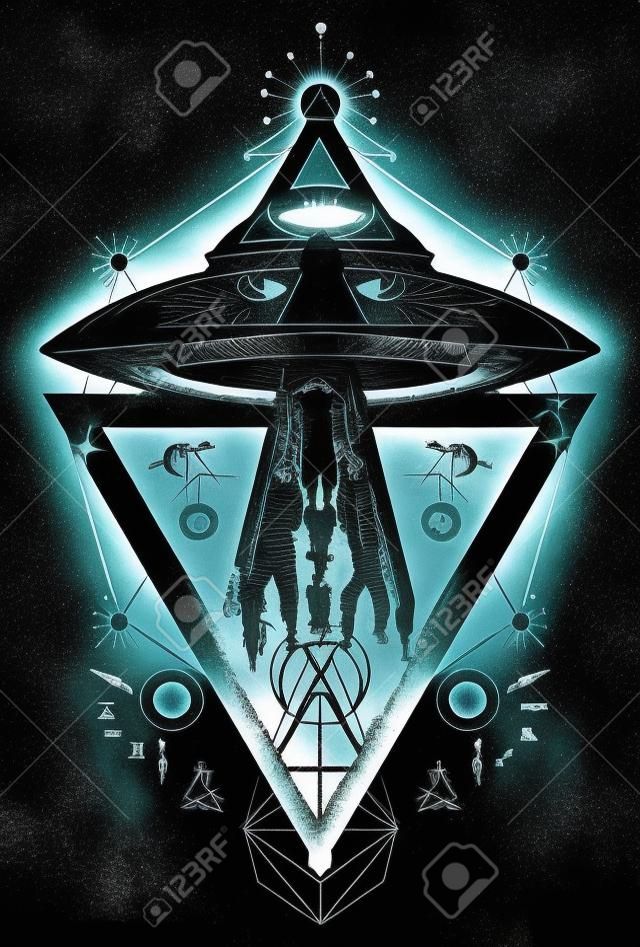 Ufo Aliens entführt Person Tattoo Kunst. Paranormale Aktivität, erster Kontakt. Mann, der durch einen ausländischen Raumschifft-shirt Entwurf entführt wird