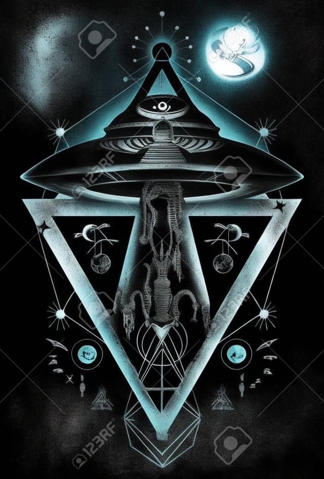 Ufo の外国人誘拐者タトゥー アート。超常的な活動は、最初の接触。デザイン t シャツ、異星人の宇宙船に誘拐される男