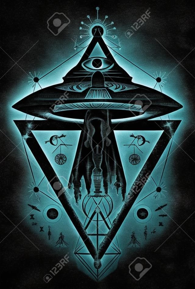 Ufo aliens kidnapped person tattoo art. Paranormal Activity, first contact. Man being abducted by an alien spaceship t-shirt design