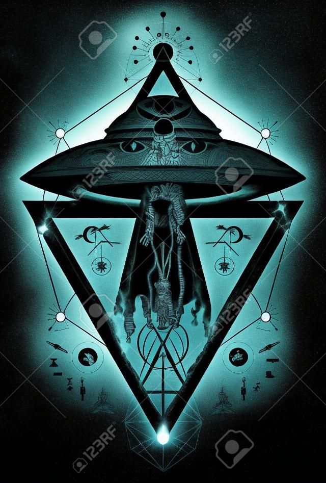 Ufo инопланетяне похитили лицо тату искусства. Paranormal Activity, первый контакт. Человек похищения инопланетного корабля дизайн футболки