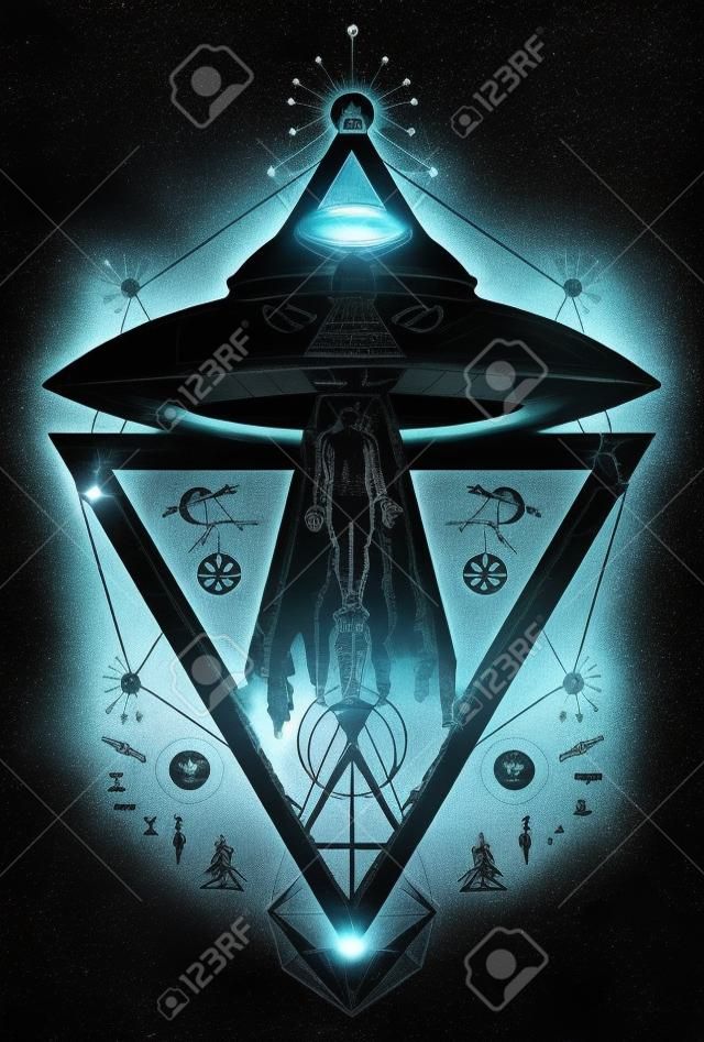 Ufo aliens kidnapped person tattoo art. Paranormal Activity, first contact. Man being abducted by an alien spaceship t-shirt design